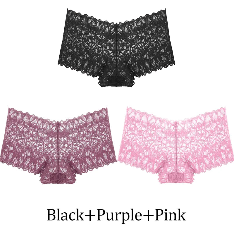 3Pcs Women Lace Boyshort Panties Low-Rise Sexy Underwear Trendy Floral Underpants Female Sexy Boyshort Panties Ladies Lingerie