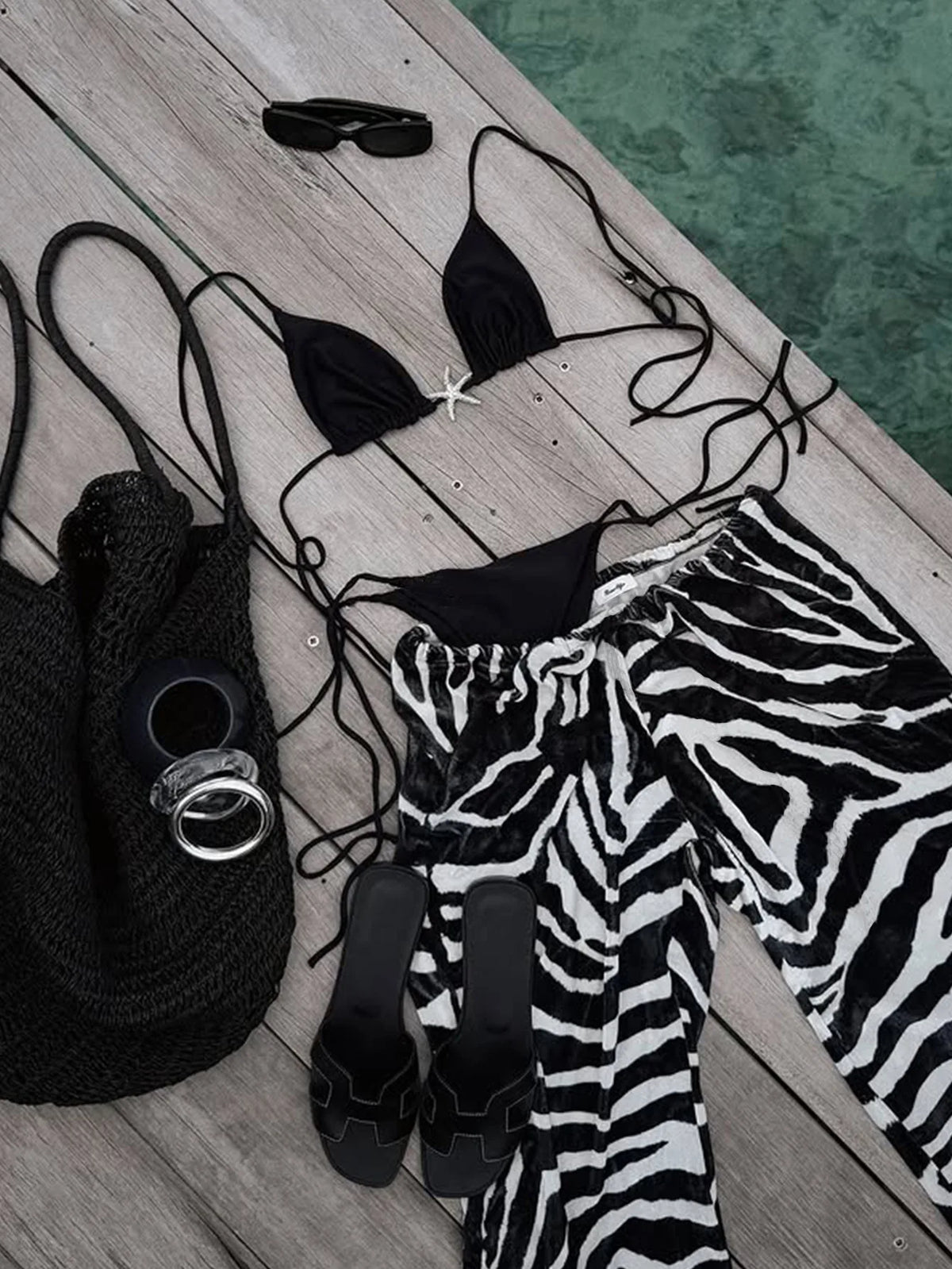 Sexy Black Starfish Ornament Bikini Set 2025 Women Zebra Print High Waist Panties 3 Piece Swimsuit Bathing Suit Thong Swimwear