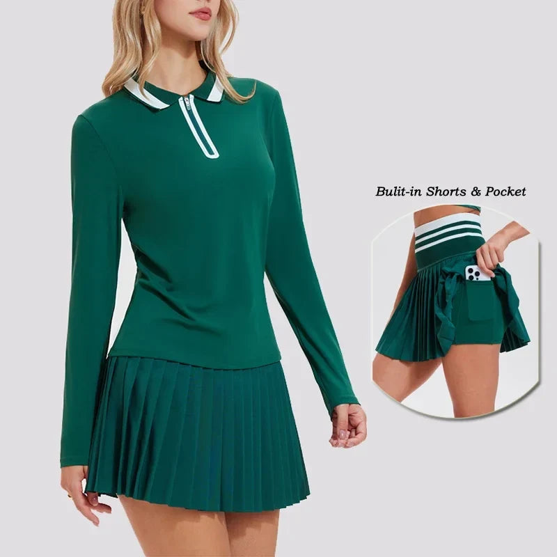 VITALINOVO Tennis Skirt Sets for Women Zipper Color Block Shirts High Waisted Golf Polo Two Piece Skirt Set Women 2 Piece Outfit