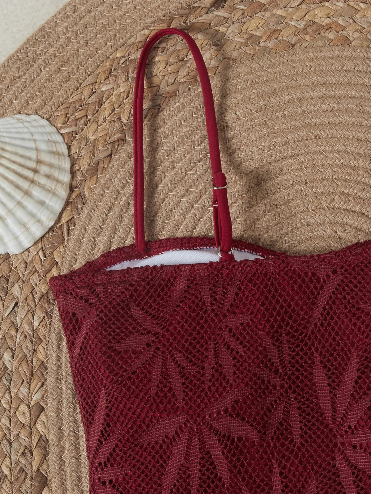 2026 Vintage Coffee Leaves Print One Piece Swimsuit Women Beaded String Hollow Out Backless Mesh Slim Fit Tummy Control Swimwear