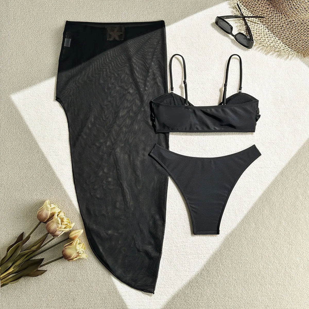 Sexy White Black Skirt 3 Piece Bikini Set 2025 Women Starfish Ornament Push Up High Waist Swimsuit Beach Bathing Suit Swimwear