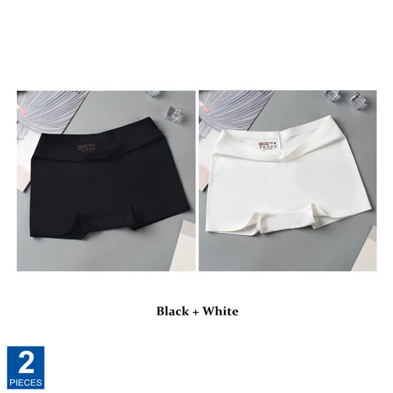 2pcs Seamless Women Boxers Underwear Ice Silk Shorts Solid Color Ladies Soft Boyshorts Plus Size M/L/XL