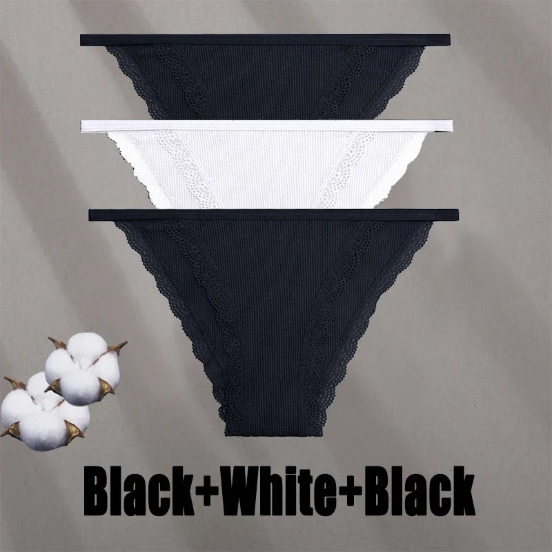 3PCS Women‘s Cotton Lace Panties Low Waist Briefs Comfortable Underwear Ladies Solid Color Underpants Girls Breathable Panty New