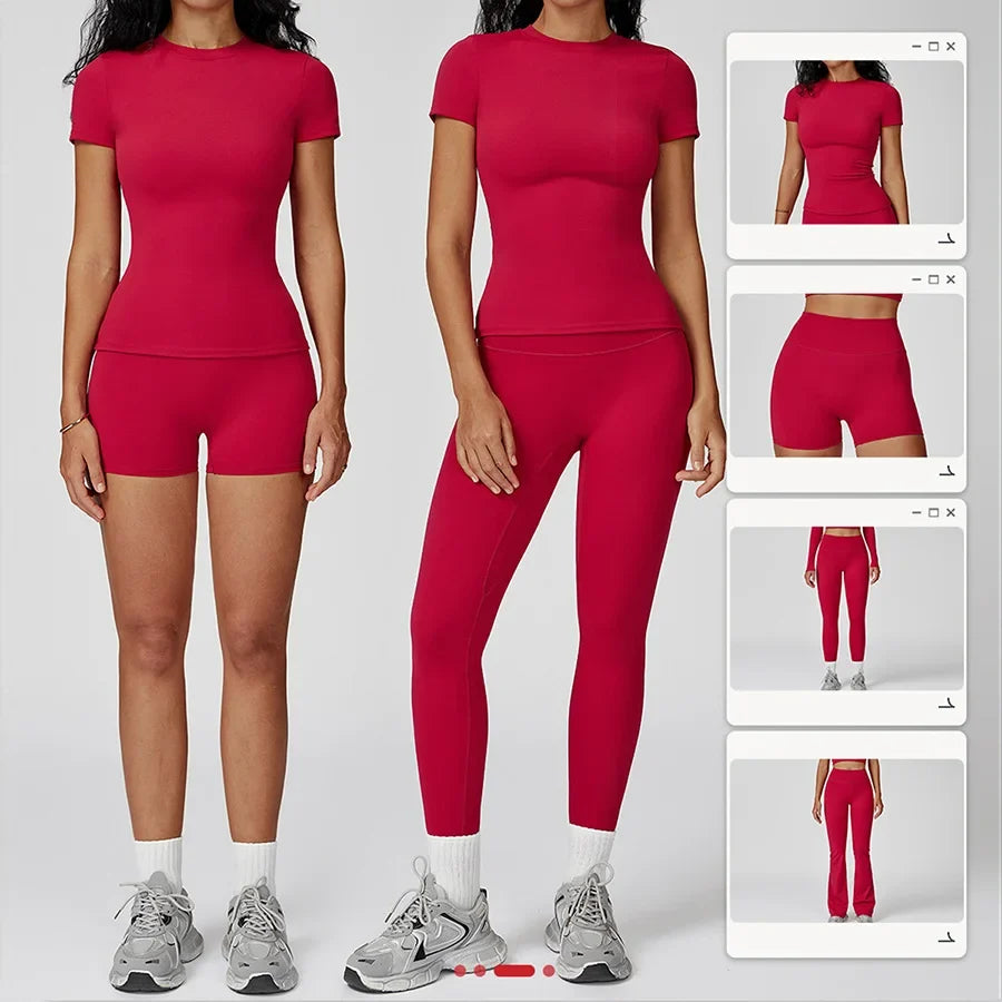 New Yoga Set Two Piece Women Short Sleeve Top with High Waist Leggings Seamless Workout Clothes Patchwork Sport Fitness Gym Sets