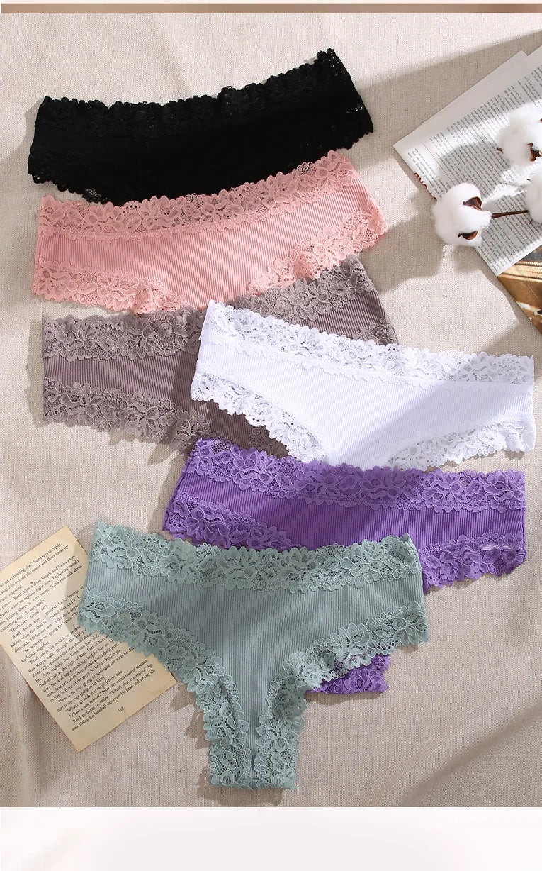 3Pcs Sexy Women Cotton Brazilian Pants Lace Brazilian Briefs Low Waist Floral Solid Color G-string Breathable Soft Lingerie