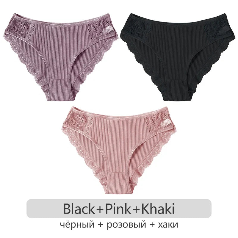 3Pcs/set Women's Cotton Panties M-2XL Trendy Patchwork Lace Underwear Female Low Waist Briefs Ladies Comfortable Underpants 2023