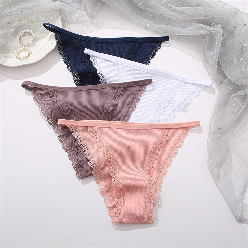 3PCS Women‘s Cotton Lace Panties Low Waist Briefs Comfortable Underwear Ladies Solid Color Underpants Girls Breathable Panty New