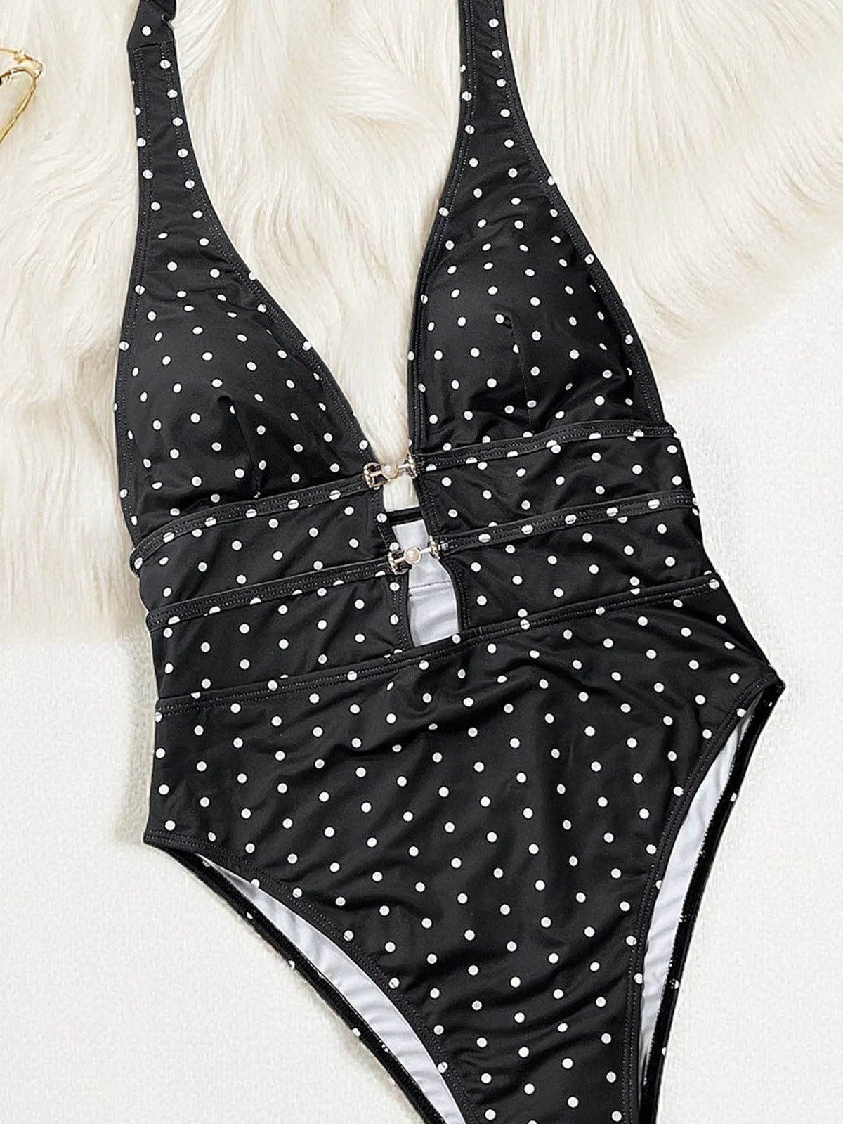 Vintage Black Polka Dot Print One Piece Swimsuit 2026 Women Sexy Hollow Out Pearls V Neck Backless Bathing Suit Holiday Swimwear