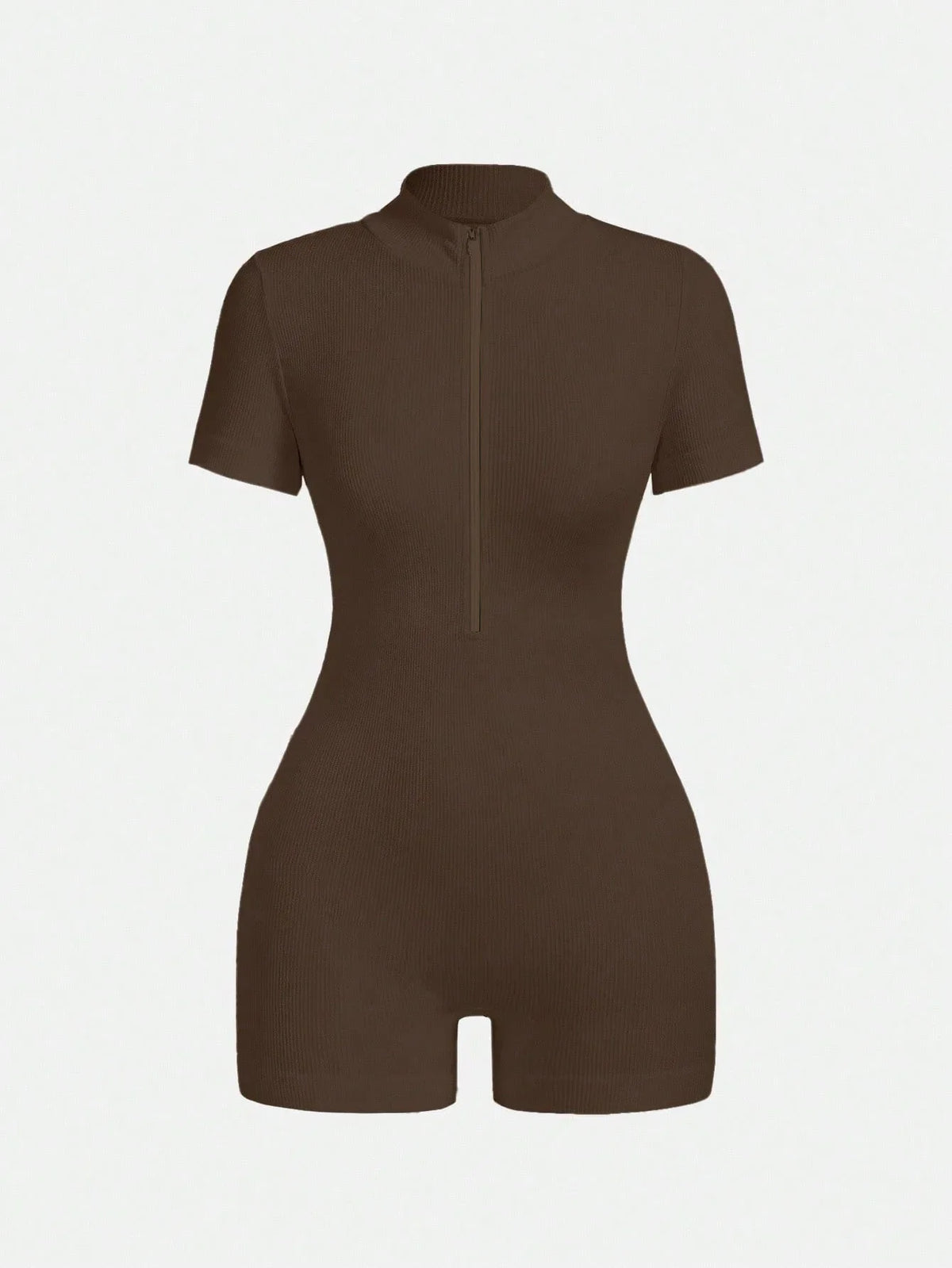 Women's Solid Color Half Zip Ribbed Knit Short Sleeve Romper Sports Soft Slim Fit Mock Neck Jumpsuit Streetwear 2025 Summer