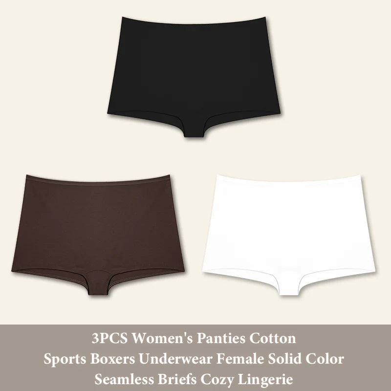 3PCS Women's  Cotton Seamless Panties Sports Boxers Underwear Female Solid Color Briefs Cozy Lingerie Intimate Underpants XS-XL