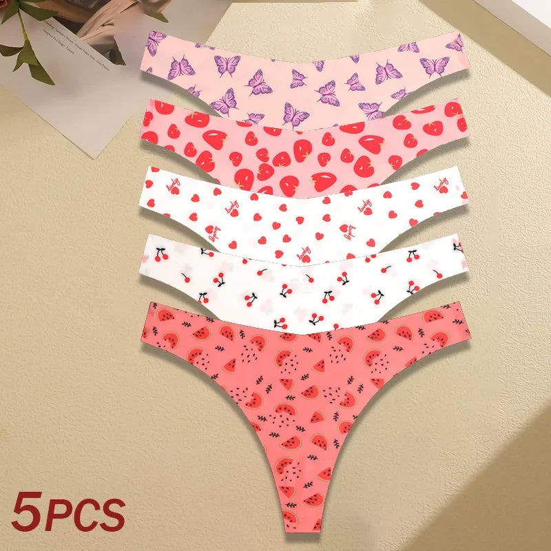 5Pcs Women Ultra-thin Seamless G-string Seamless Print Thongs Sexy Panties Ladies Soft Cute Thongs Female S-XL T-Back Panties