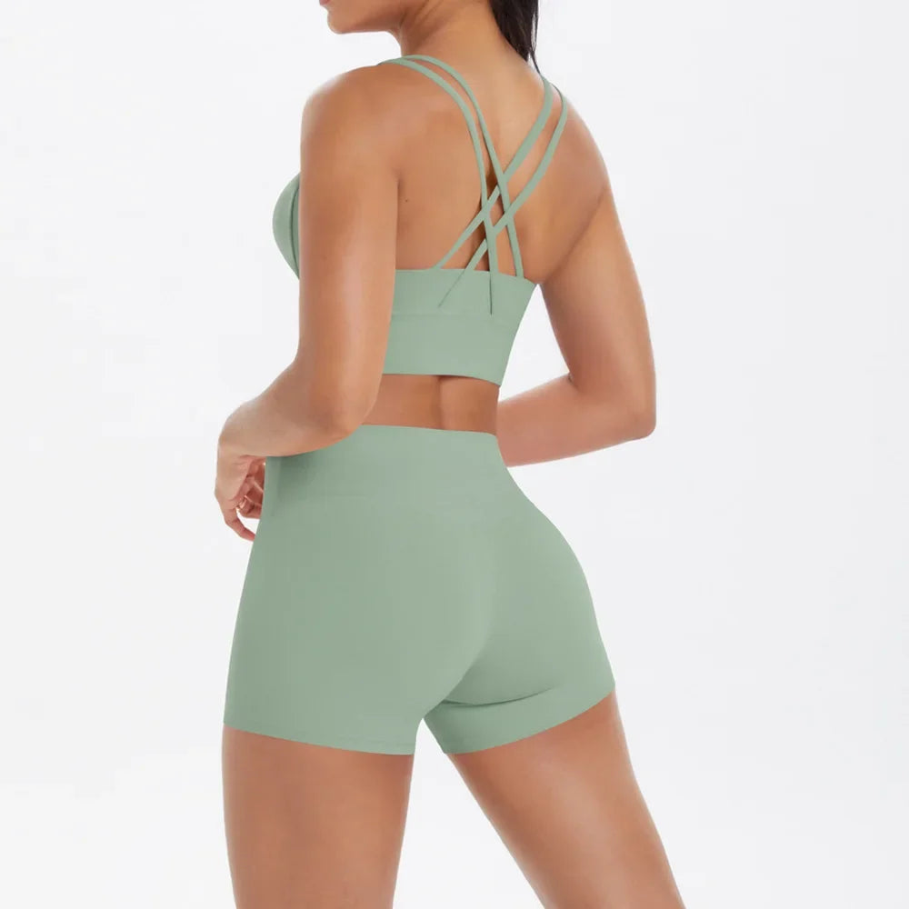 2PCS Yoga Set Women Gym Sports Suits Fitness Bra Crop Top Workout Clothes Female Athletic Wear Push Up Shorts Sportswear