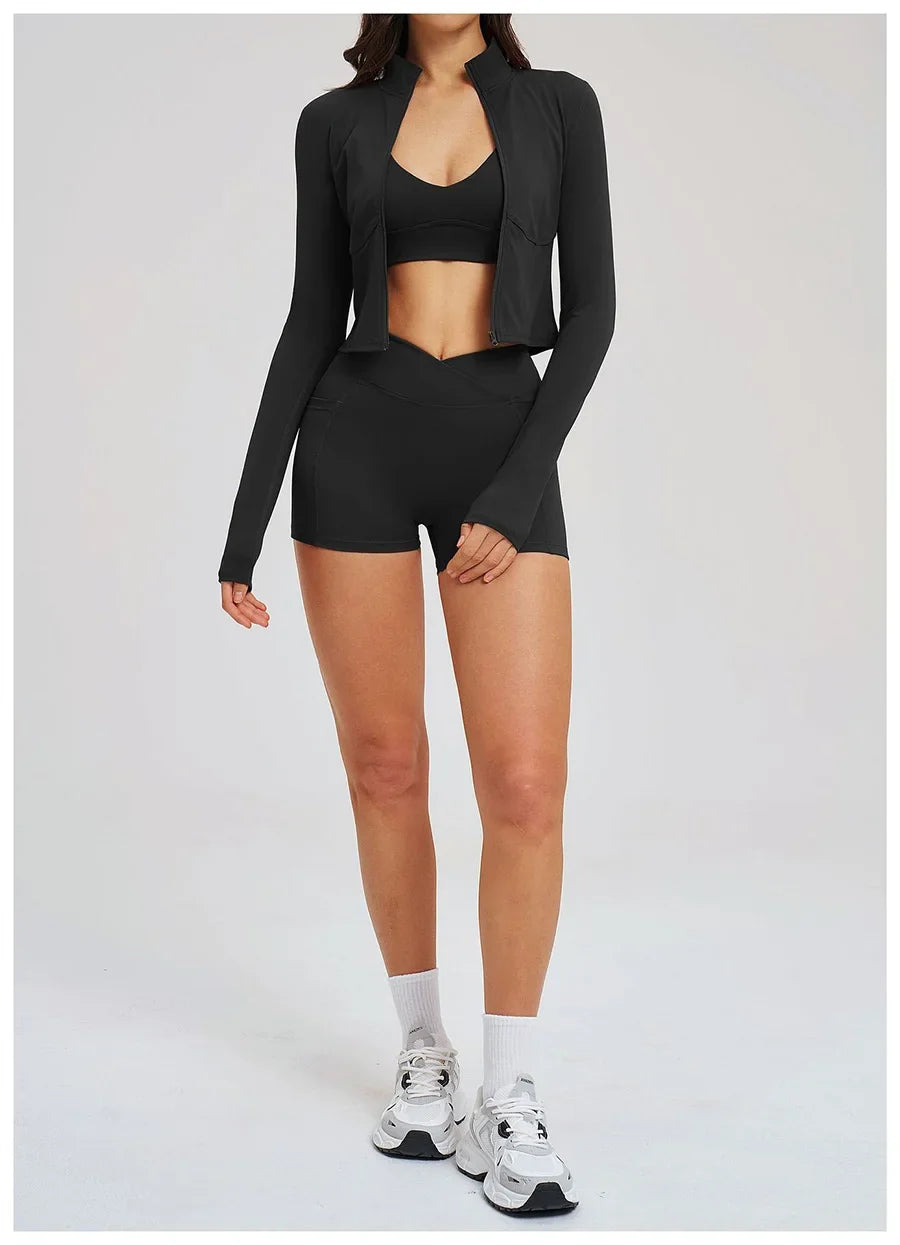 New 3 Pieces Yoga Set Women Workout Sportswear Gym Clothing Fitness Long Sleeve Crop Top Shorts Leggings Female Sport Bra Suits