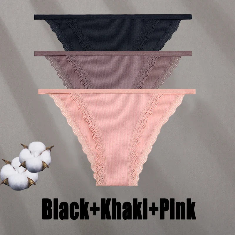3PCS Women‘s Cotton Lace Panties Low Waist Briefs Comfortable Underwear Ladies Solid Color Underpants Girls Breathable Panty New