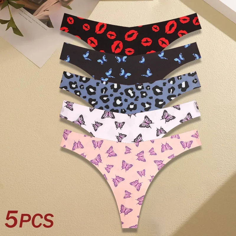 5Pcs Women Ultra-thin Seamless G-string Seamless Print Thongs Sexy Panties Ladies Soft Cute Thongs Female S-XL T-Back Panties