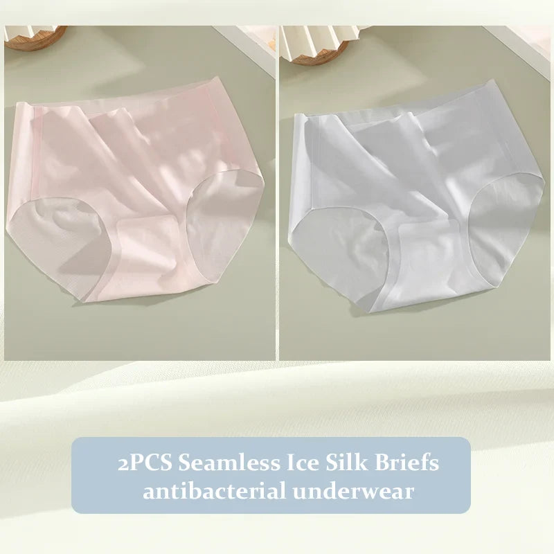 2PCS Seamless Ice Silk Briefs Women's Transparent Panties Sexy Breathable Underwear Female Stretch Erotic Korean Ultra Lingerie