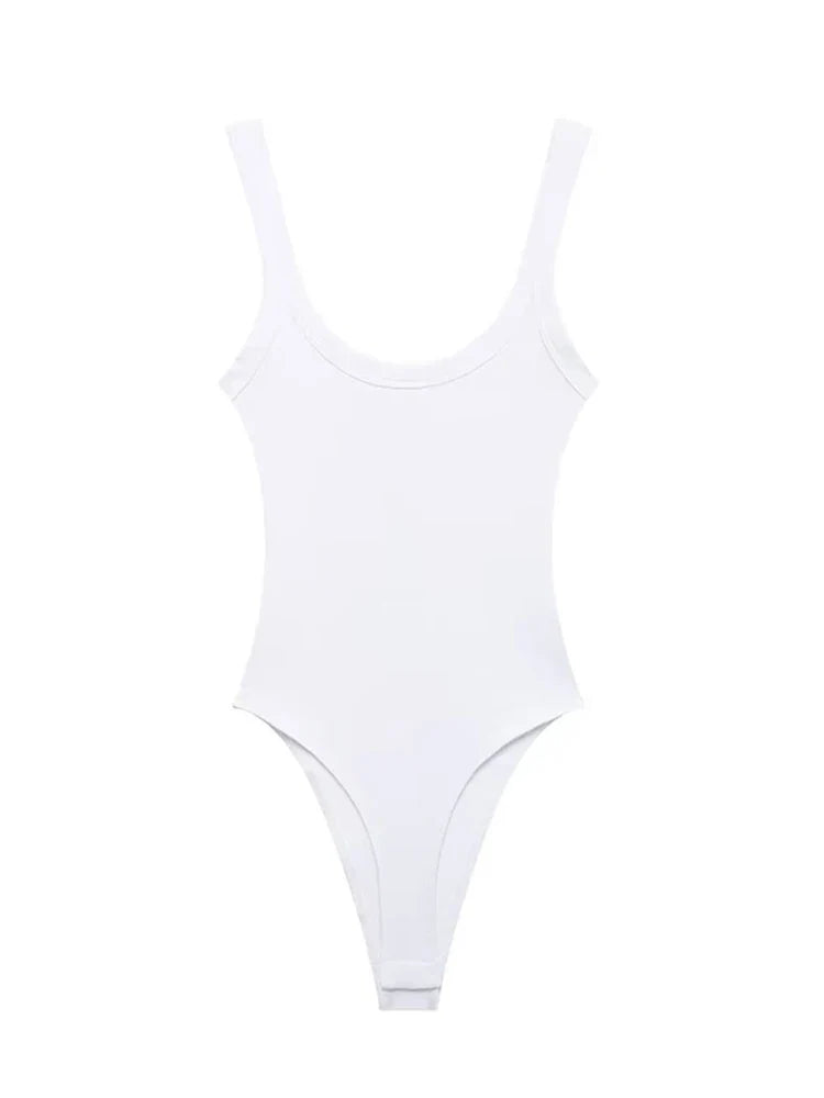 Women's Skinny Ribbed O-Neck Bodysuits with Straps Snap-Button Sexy Fashion Playsuits Comfortable Stretchy Female Clothing