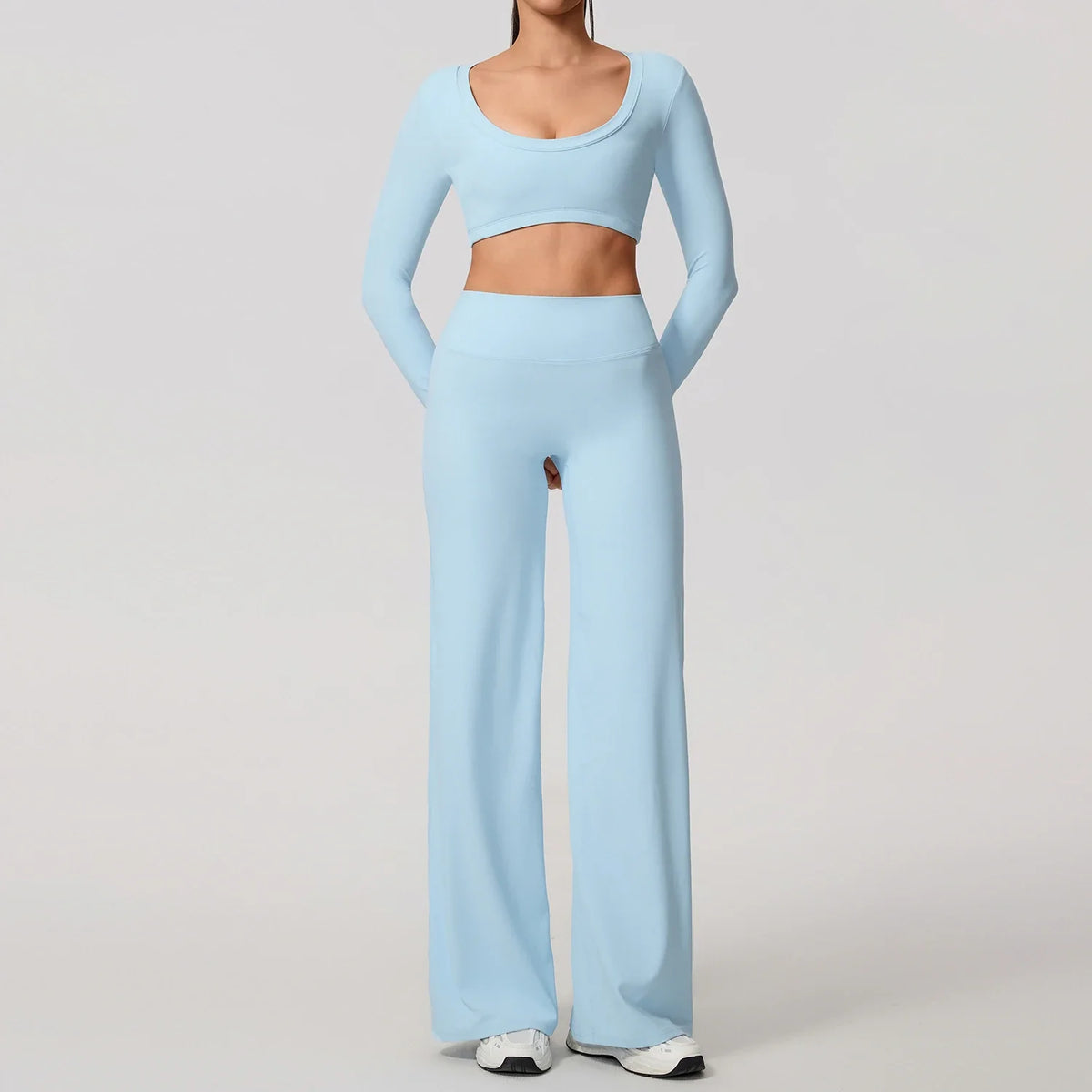 Hearuisavy Sports Set 2Pcs Women's  Long Sleeve Backless Fitted Fitness Top Push Up Pilates Yoga Top Wide Leg Straight Leg Pants
