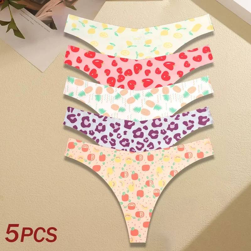 5Pcs Women Ultra-thin Seamless G-string Seamless Print Thongs Sexy Panties Ladies Soft Cute Thongs Female S-XL T-Back Panties