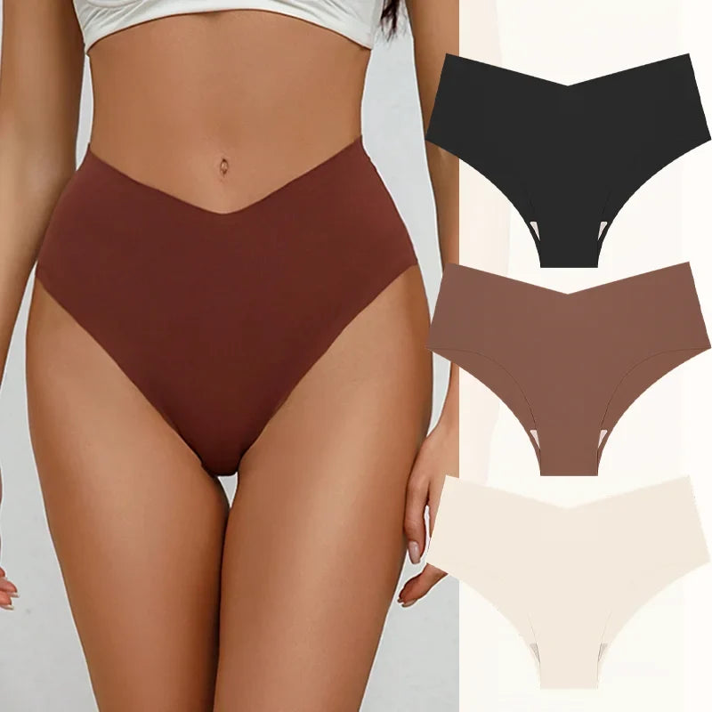 3PCS Women's Seamless Maillard Underwear Sexy V-Shaped Mid Waist Ice Silk Briefs 10 Soild Color Cozy Stretch Sexy Underpant S-XL