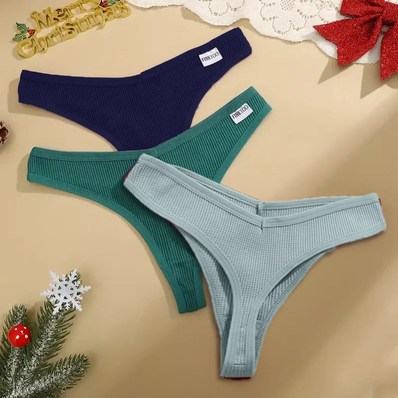3Pcs Women Christmas Waffle Style G-string Cotton Panties Ladies Soft Thongs Female S-XL Low-Rise T-Back Panties Bikini Bikini
