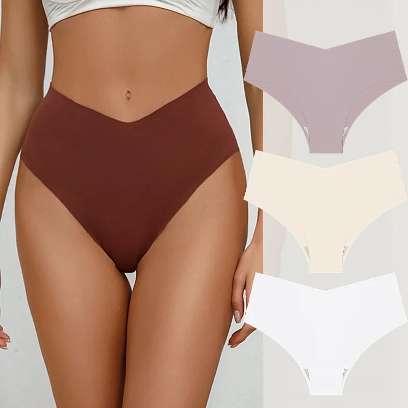 3PCS Women's Seamless Maillard Underwear Sexy V-Shaped Mid Waist Ice Silk Briefs 10 Soild Color Cozy Stretch Sexy Underpant S-XL