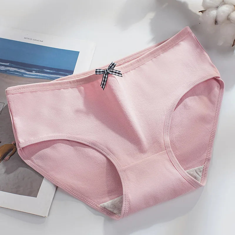 5Pcs Women Underwear Made Of Pure Cotton, Breathable Mid Waist, Pure Color, Thin Breathable Bow Underwear For Girls