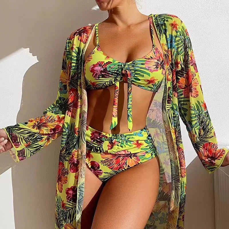 2024 Luxury Sexy High Waisted Bikini Three Pieces Floral Printed Swimsuit Women Bikini Set With Mesh Long-Sleeved Blouse Female