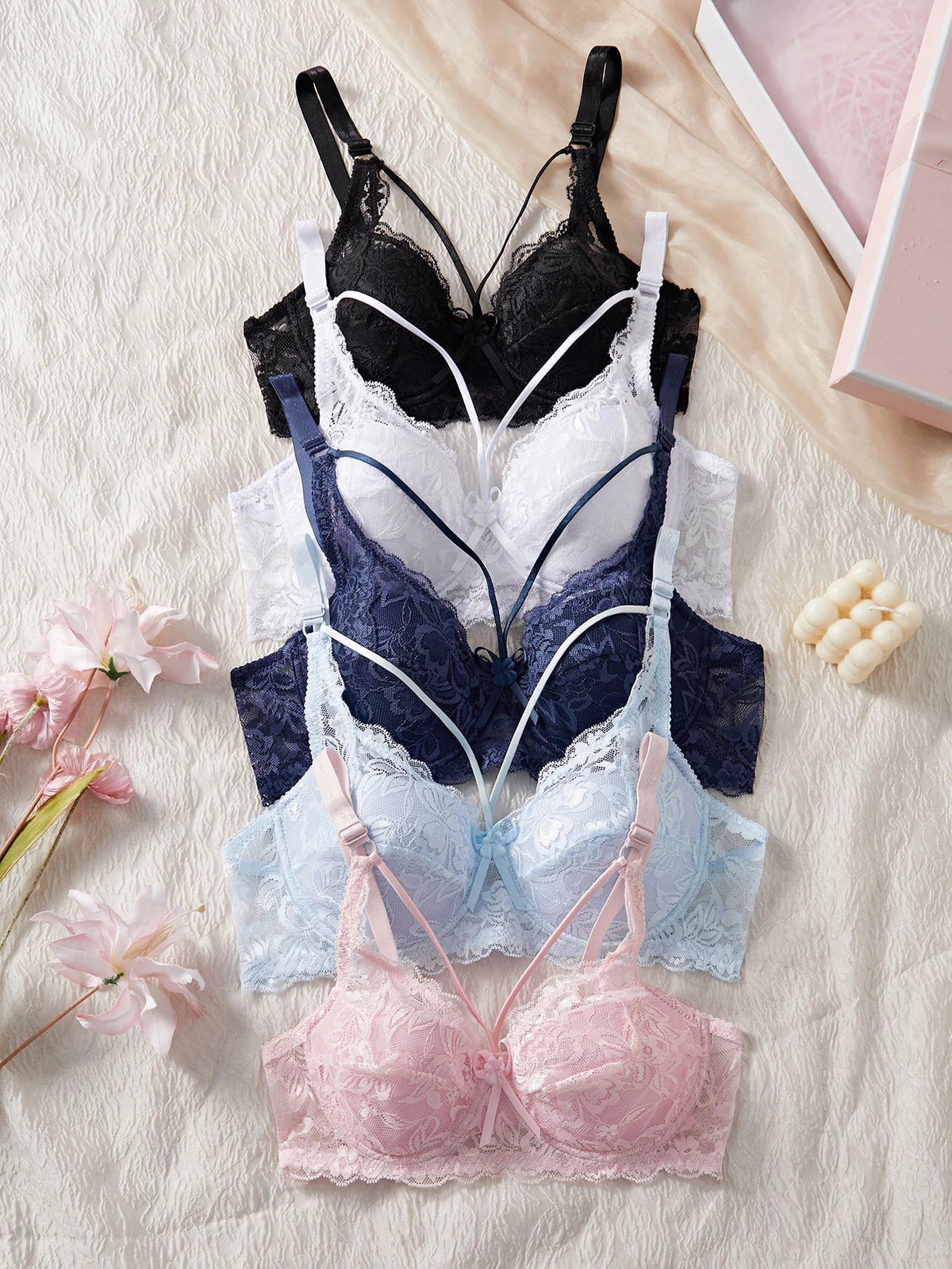 5-Pack French Women's Underwear Set Hollow Lace Patchwork Bow Sexy Bras Fashionable Bralette Strap Sexy Lingerie Set Women's Bra