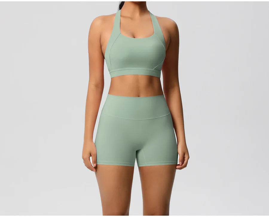 2PCS Yoga Set Women Gym Sports Suits Fitness Bra Crop Top Workout Clothes Female Athletic Wear Push Up Shorts Sportswear