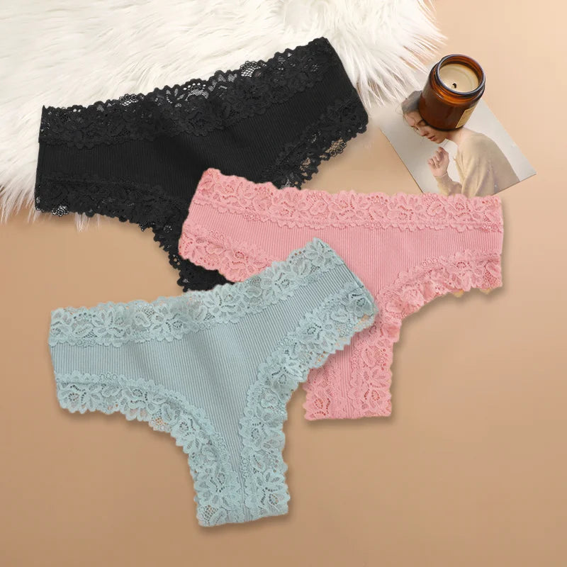 3Pcs Women Cotton Brazilian Pants Sexy Lace Brazilian Briefs Low Waist Floral Solid Color G-string Breathable Soft Lingerie