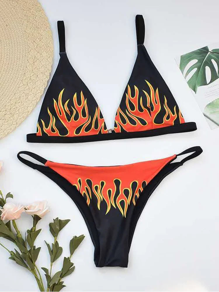 Fire Print Bikini Sexy Off Shouler Women Swimsuit Push Up Plaid Swimwear Brazilian Bikini Set Bathing Suit Trajes De Baño Mujer