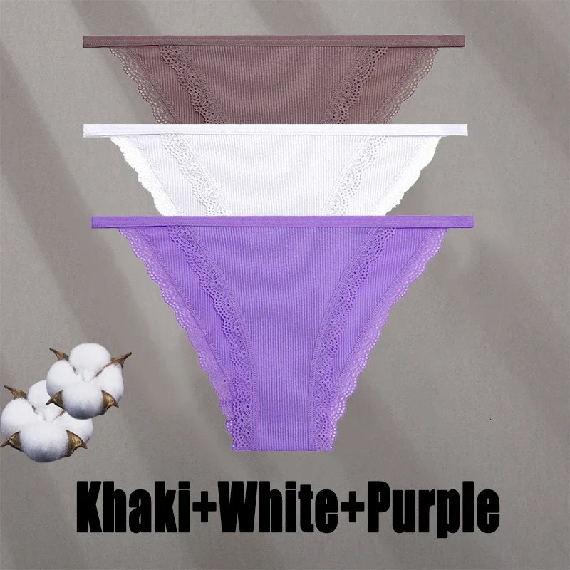 3PCS Women‘s Cotton Lace Panties Low Waist Briefs Comfortable Underwear Ladies Solid Color Underpants Girls Breathable Panty New
