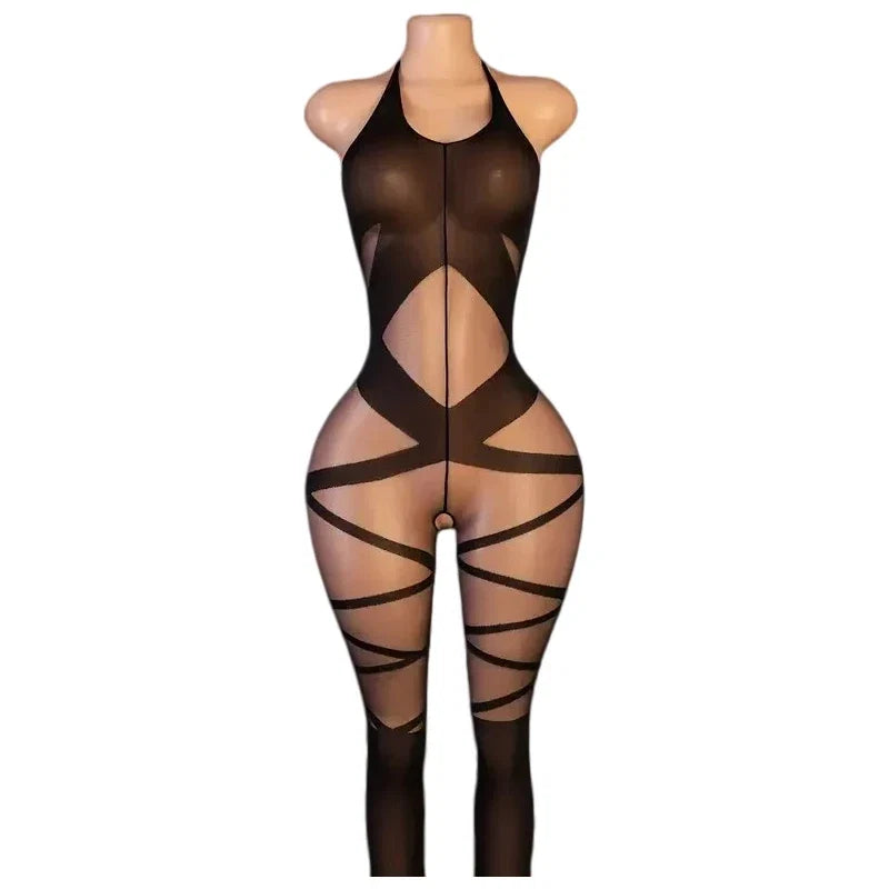 One Piece Crotchless Bodystocking EroticTransparent Sexy Lingerie Sexiest Bodysuit Mesh Hollow Bra Set Black Full Body Stockings