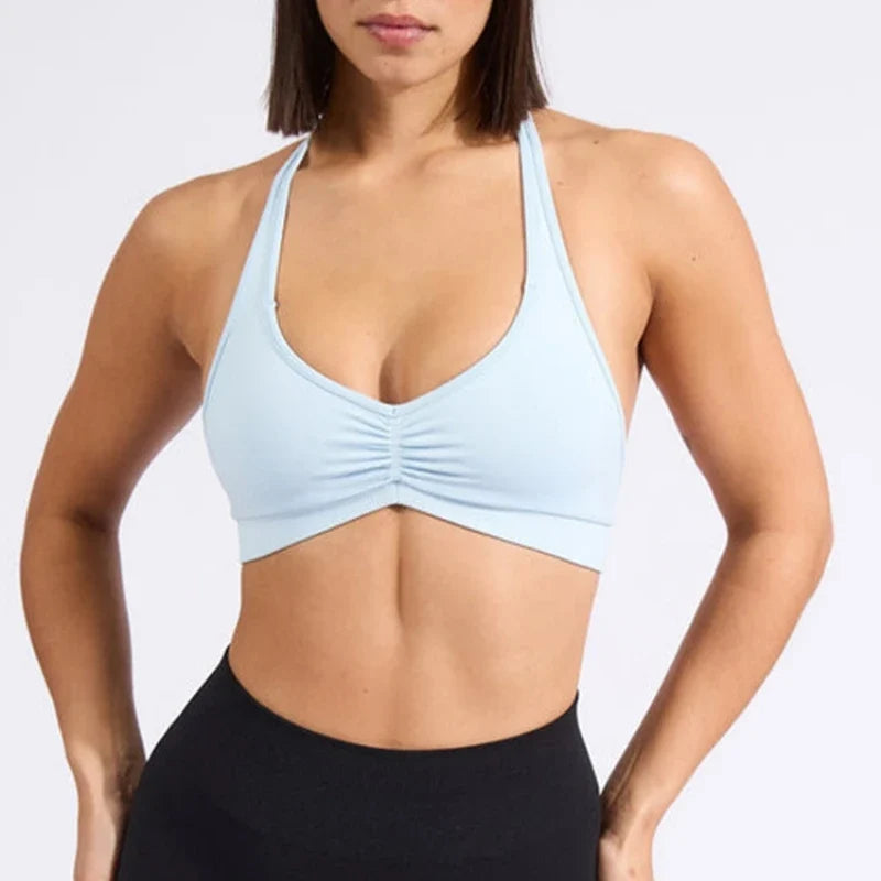 Sports Bra Strappy Backless Yoga Gym Bra Removable Cups Women Workout Clothing Gym Top Halter Sport Bras 6 colors