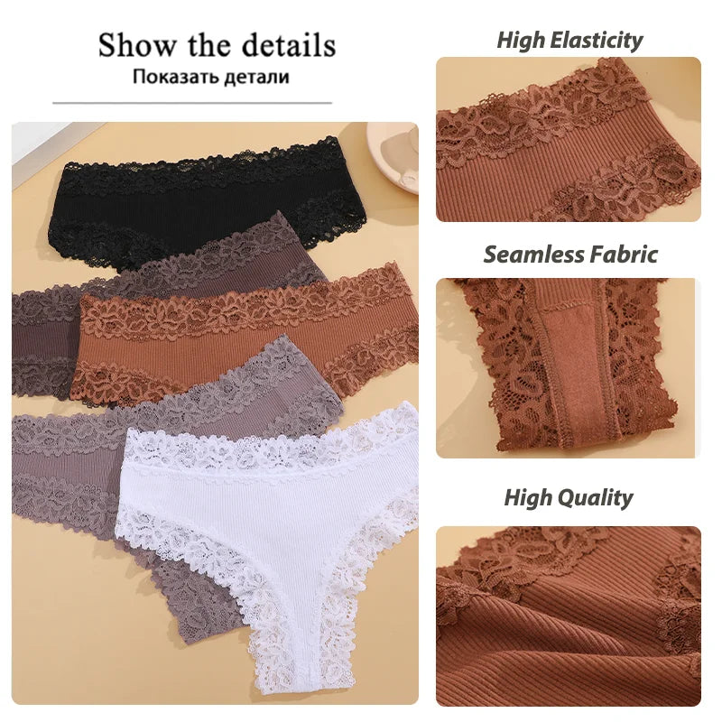 3Pcs Women Cotton Brazilian Pants Sexy Lace Brazilian Briefs Low Waist Floral Solid Color G-string Breathable Soft Lingerie