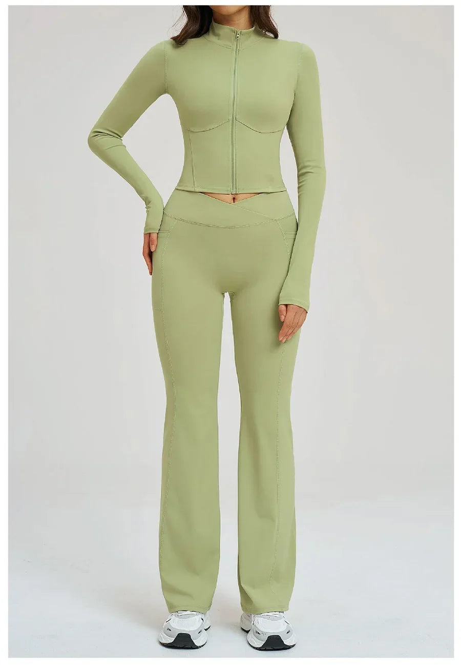 2PCS Yoga Set Gym Clothes Sportswear Seamless Women Fitness Long Sleeved Tracksuits Sports Workout Gym Flared Leggings Athletic