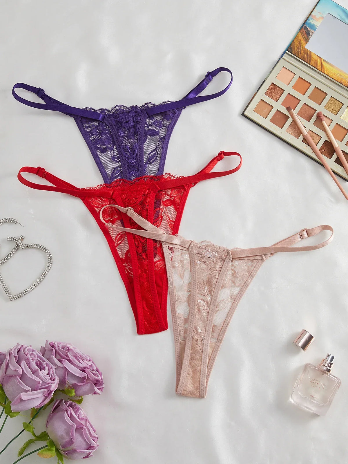 3-Pack Sexy Lace Women's Panties Adjustable Waistband Semi-Transparent Sexy Floral Lace Women's Sexy Lingerie Underwear