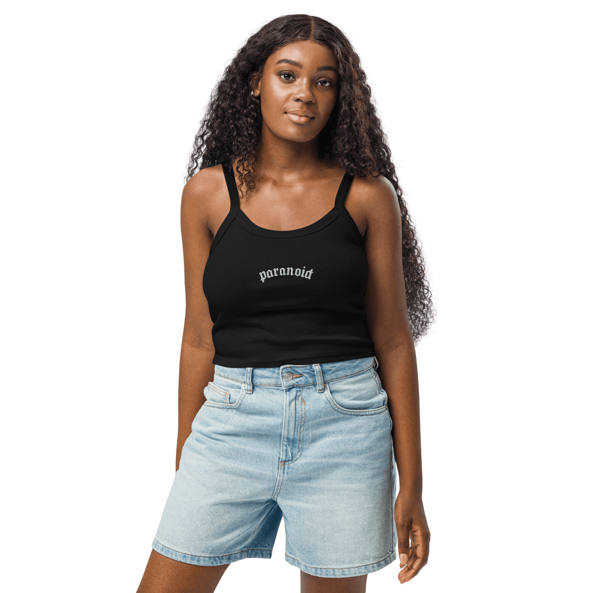 Paranoid Embroidered Ribbed Cropped Tank Top